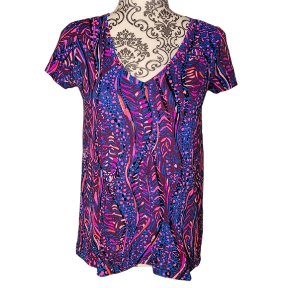 Lilly Pulitzer Etta V-Neck Top Blue Flare Always Pawsitive size XS​ - Picture 2 of 10